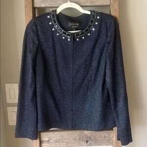 St. John Wool Blend Navy Evening Jacket Zipper Front Hand Beaded